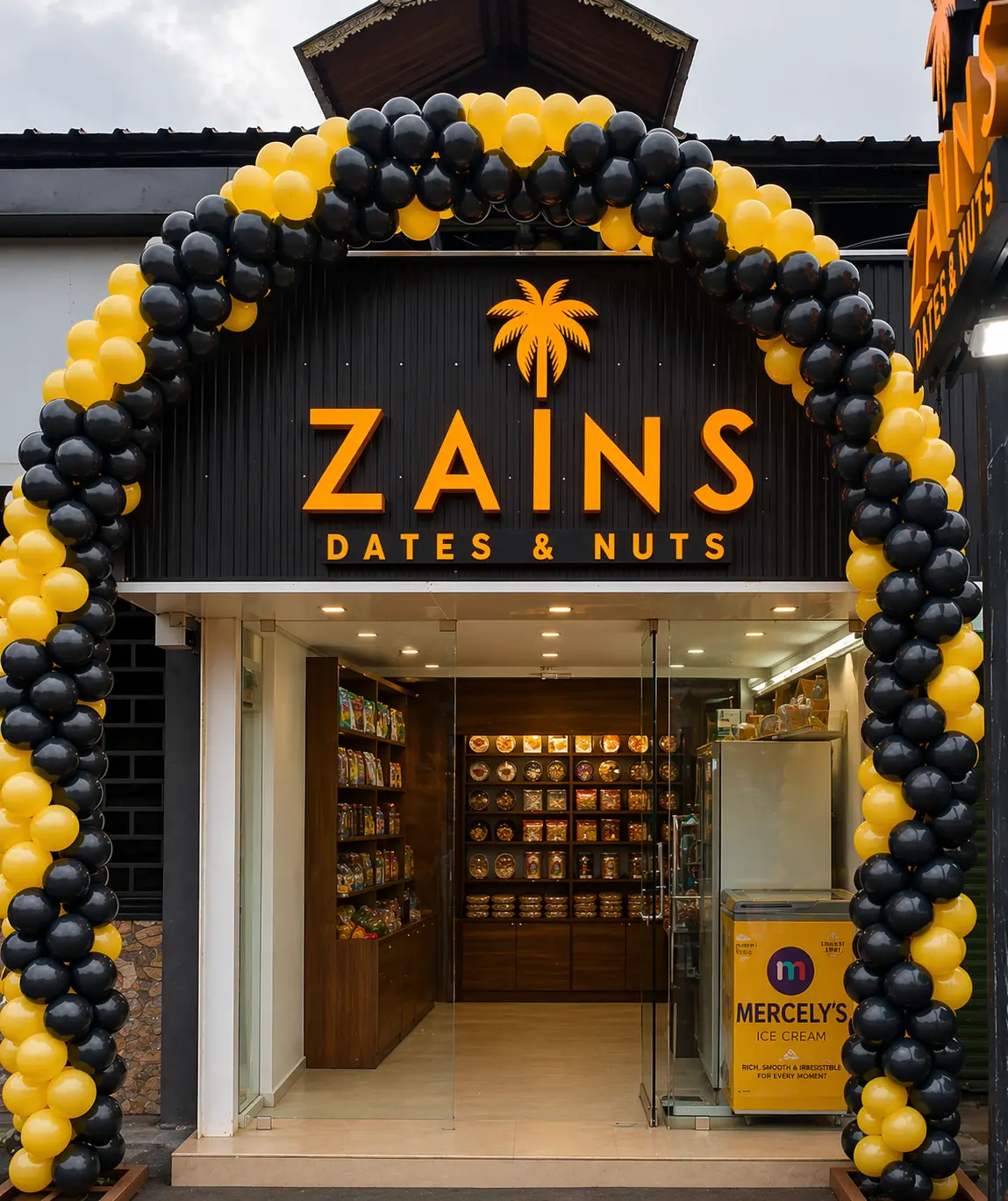  A store with a distinctive black and yellow arch, highlighting its entrance and enhancing its visibility.